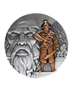 2021 2oz Chad Pirates Ahoy Series - Blackbeard .999 Silver Antique  High Relief Coin - Gilded Finish
